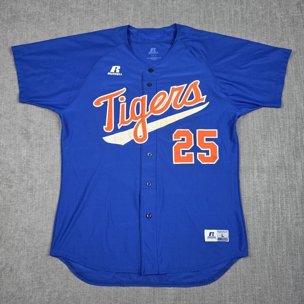 Russell Athletic Tigers #25 Baseball Jersey Mens L Blue Orange Dri Power Mesh